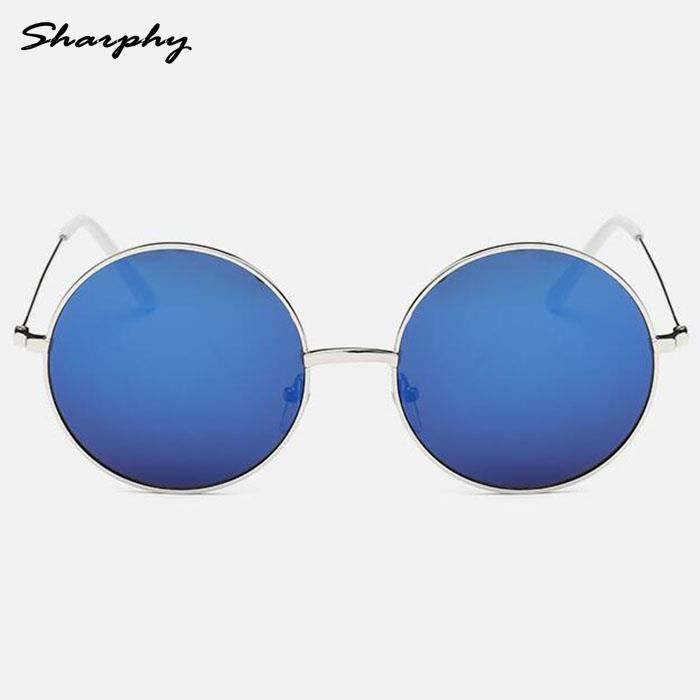 SHARPHY® Lunettes de soleil Homme Femme Rétro Argent Frame Grandes lunette rondes Verre de lunettes Bleu