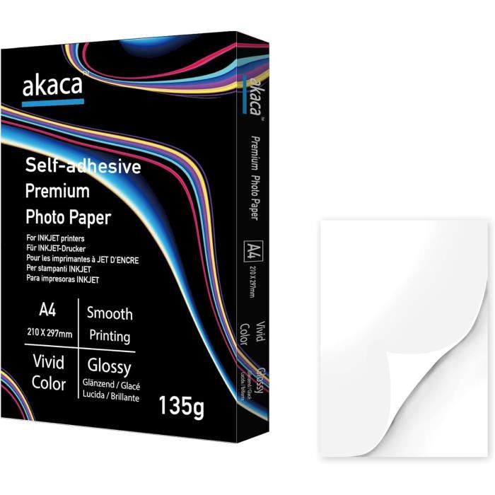 Akaca Papier Autocollant Brillant A4, Papier Photo Adhésif, 60 Feuilles ...
