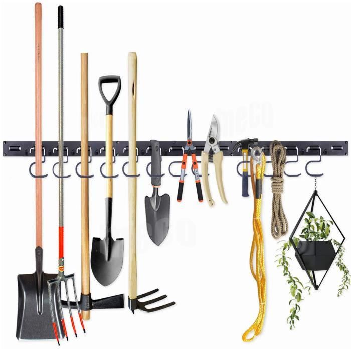 OURLITIME Organiseur à outils de garage Réglable 121,9 cm Système de rangement à outils 12 crochets Support mural de garage Rangement pour outils de jardin 
