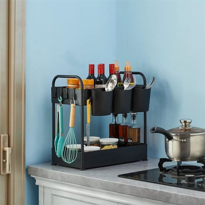 Paniers De Rangement 3 Niveaux Noir – Idéal Pour Cuisine & Salon | Support Métal Avec Poignées | 37x22x55 Cm