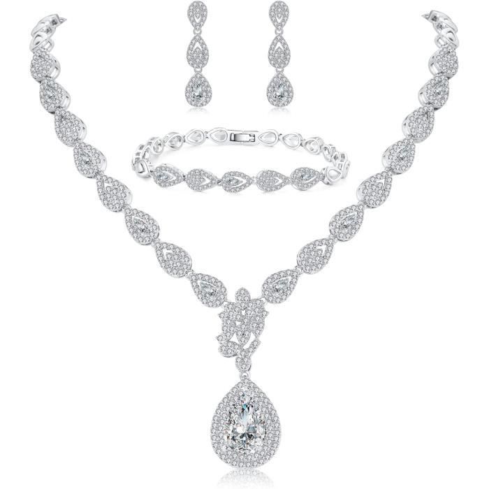 Parure Bijoux Argent 925 Zirkon Cubique Blanc 5A – Ensemble Collier Torsadé + Boucles D'Oreilles Hypoallergénique Femme