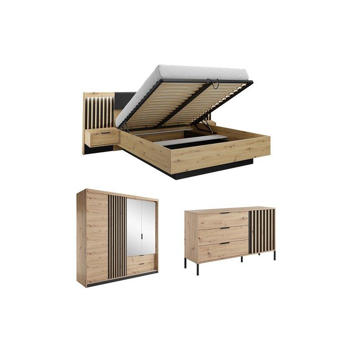 Ensemble lit coffre avec chevets 160 x 200 cm + Commode + Armoire - Coloris : Naturel et noir - ARIADA
