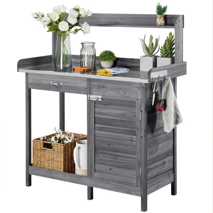 Yaheetech Table de Rempotage Table Jardinage avec Tiroirs Crochet et Armoires de Rangement Gris