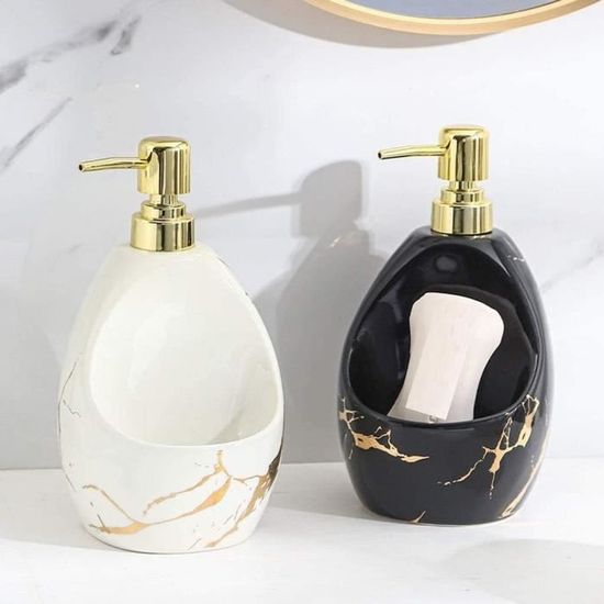 Distributeur De Savon De Cuisine En Résine Style Marbre Avec Porte-Éponge - Grande Capacité, Pompe à Poussoir