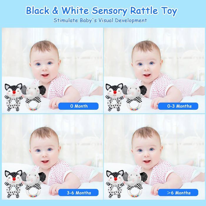 JoyLife Hochet Peluche Noir Et Blanc Pour Bébé 0-12 Mois - Haltère Sensoriel à Contraste élevé - Cadeau Naissance Garçon Fille