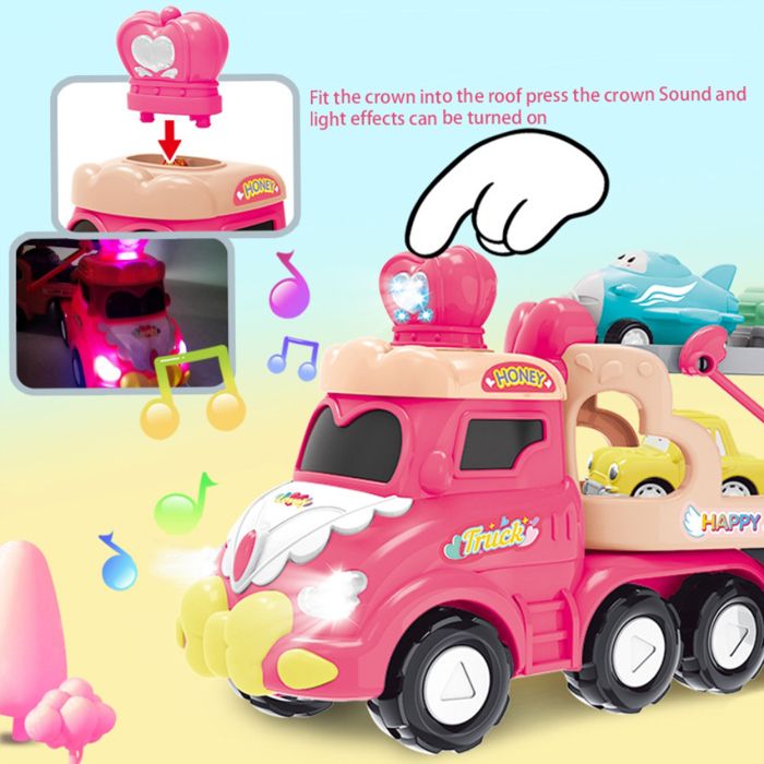 Herefun – Camion Transporteur Avec Son Et Lumière – 5 Véhicules De Construction + Grue – Cadeau 2-3 Ans