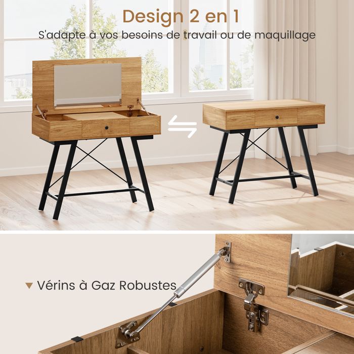 2-en-1 Bureau pour Maquillage Table de Ménage avec Miroir Station de Charge Grand/Petit Plateau 6 Compartiments de Rangement Tiroir Noir 2-en-1 Bureau pour Maquillage Table de Ménage avec Miroir Station de Charge Grand/Petit Plateau 6 Compartiments de Rangement Tiroir Noir