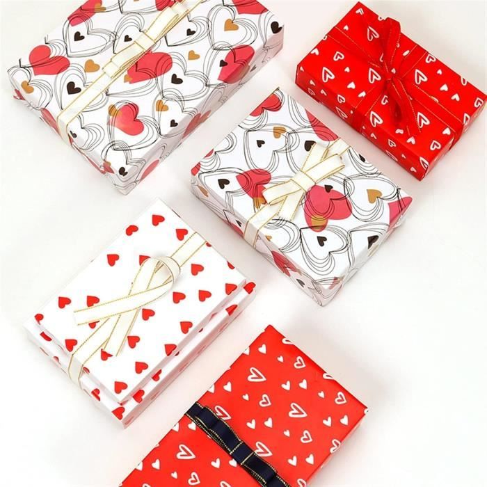 Papier d'emballage d'anniversaire-6 feuilles de papier cadeau coeur  d'amour-rouge et blanc-Saint Valentin lui anniversaire-re[~459]