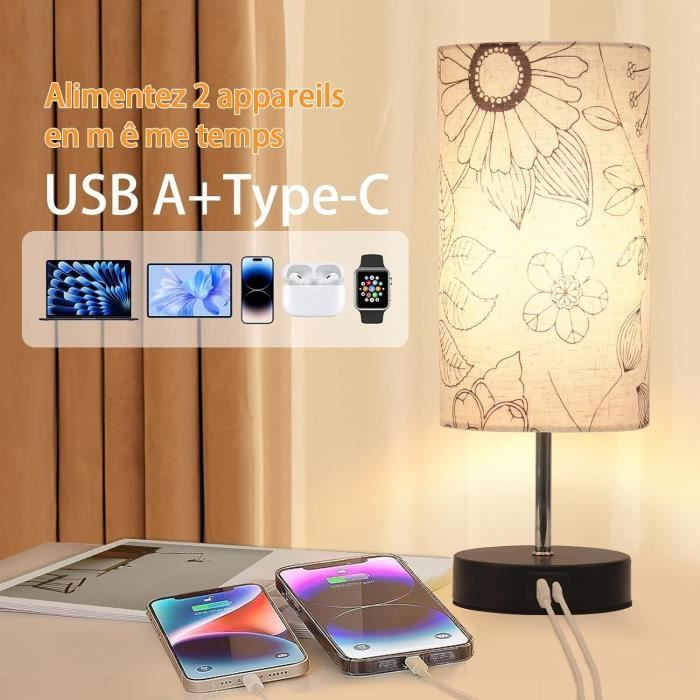 Lampe de Chevet 3 Couleur Modes(3000/4000/5000K) avec Ports de Charge USB-A+