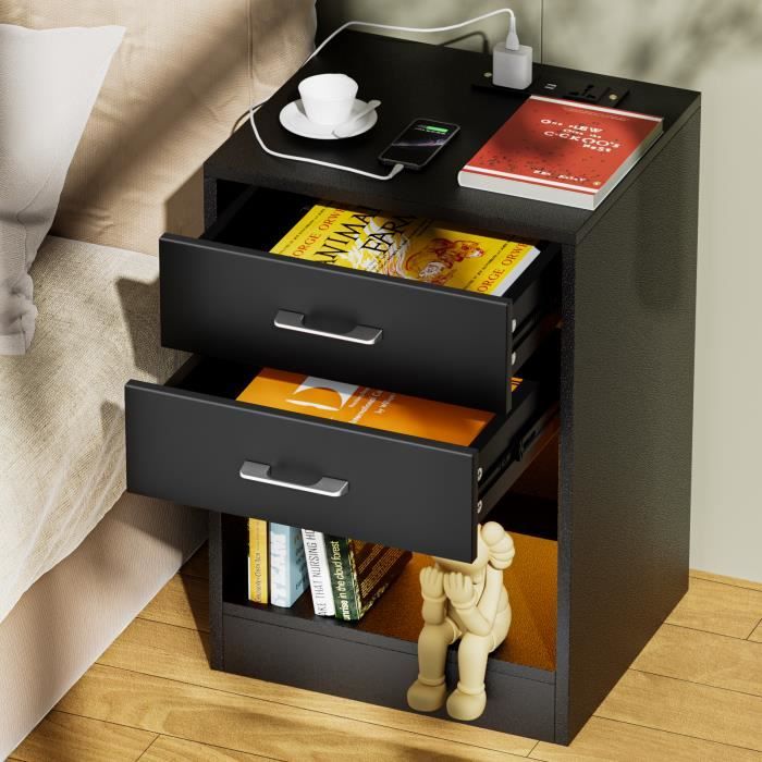 Table De Chevet étroite Avec Prises USB - 3 Tiroirs, Design Moderne, Pour Chambre Ou Salon