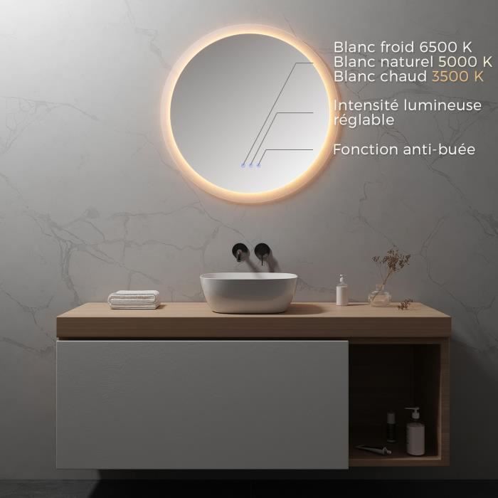 Miroir Salle De Bain LED Rond – Anti-buée, Tactile, IP44 – 50 à 80 Cm – Pour Maquillage, Décoration