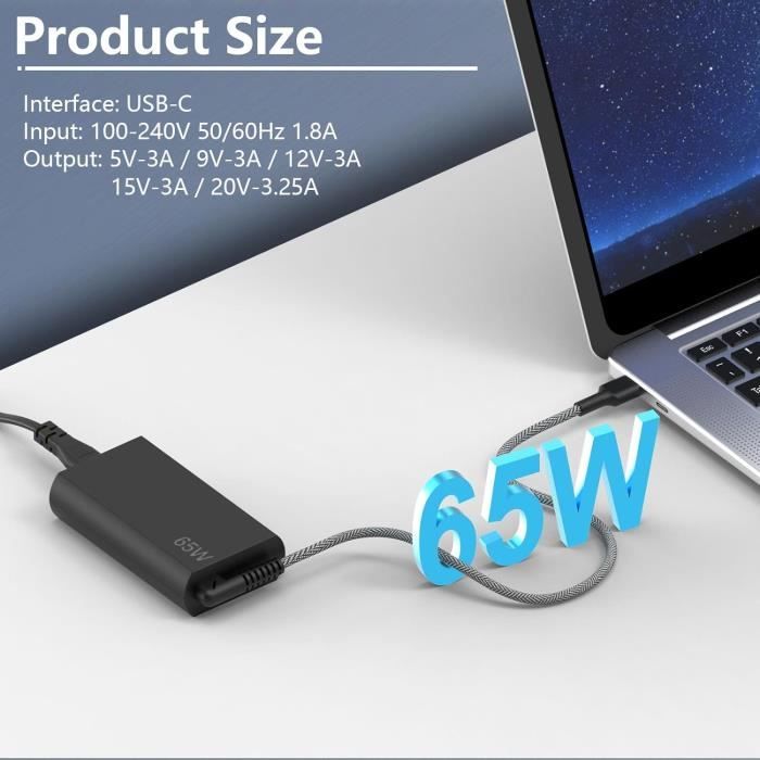 Chargeur USB-C 65W Pour PC Portable HP Elitebook, Spectre, Envy