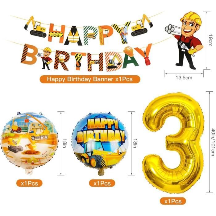 Kit Déco Anniversaire Chantier 3 Ans Garçon – Ballons Géants Excavatrice & Camion, Thème Construction Ultra Complet !
