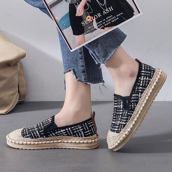 Espadrille Femme en Toile Aeration Carreaux imprime Noir Cdiscount Chaussures
