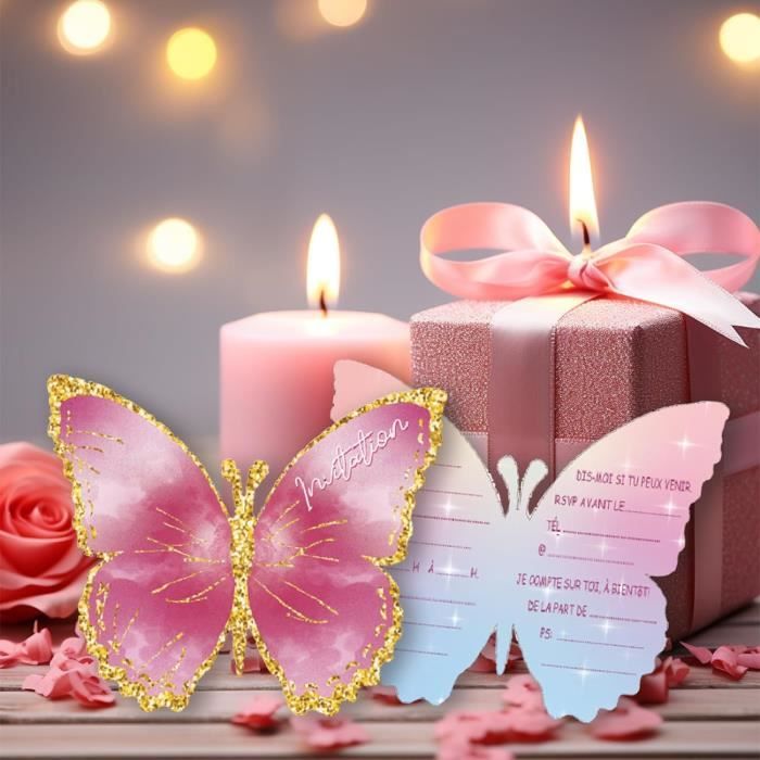 Carte De Voeux D'invitation Anniversaire Papillon Doré Rose Modèle
