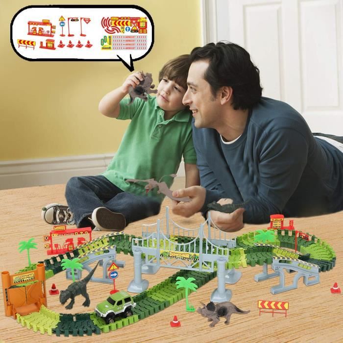 Circuit De Voiture Dinosaure Flexible – 142 Pièces, Pont, Signalisation, 2 Dinos – Cadeau Génial Pour Enfant De 3 à 6 Ans !