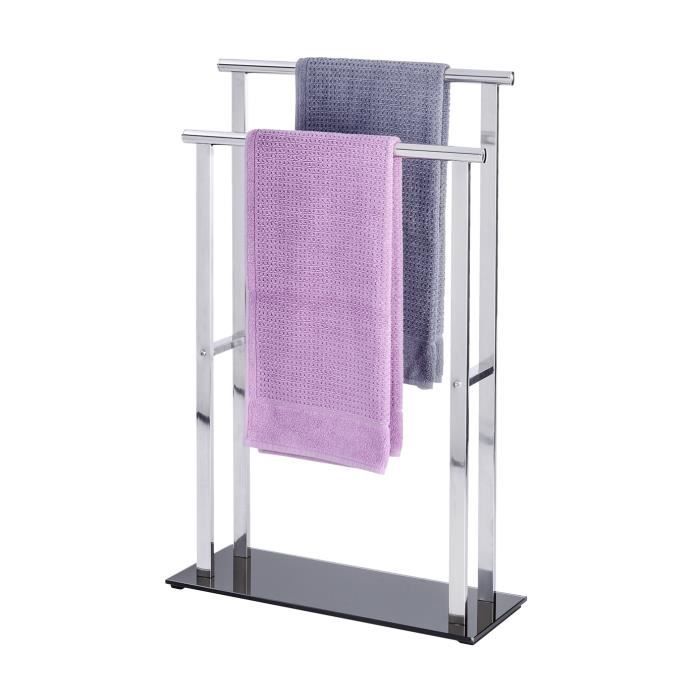 WENKO Porte-Serviettes Debar – Acier Inox Satiné, 2 Barres Étagées, Socle Verre Sécurité, Design Moderne Salle De Bain
