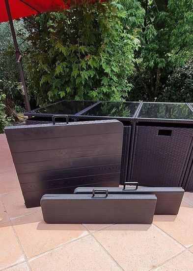 Table Pliante Jardin 180x75 Cm + 2 Bancs – Ensemble Pliable Plastique Noir Pour Pique-Nique, Camping & Terrasse