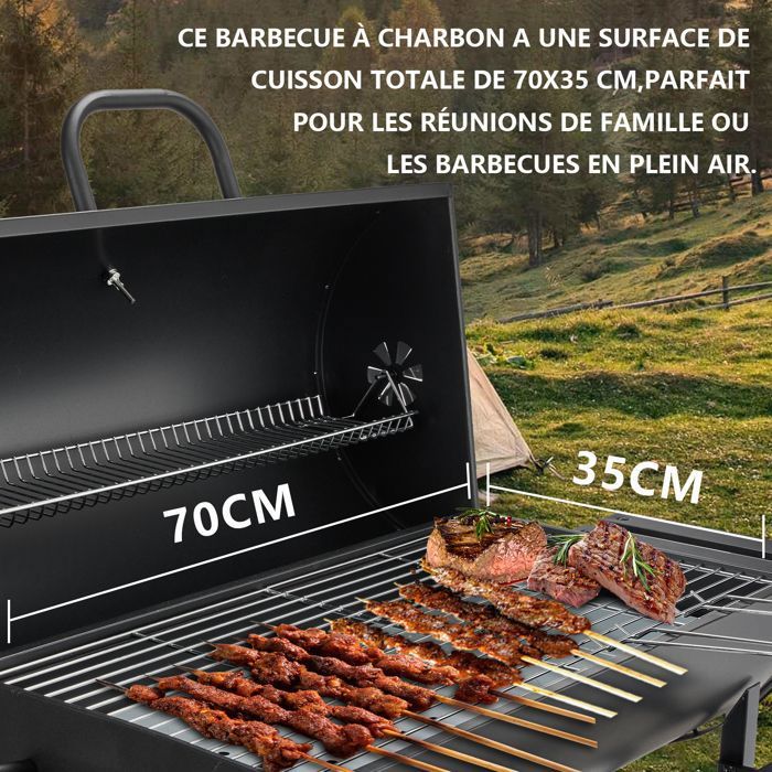 Barbecue à charbon - TEENO - Grill XXL - Couvercle - Thermomètre intégré - Surface 70x35 cm - Jardin