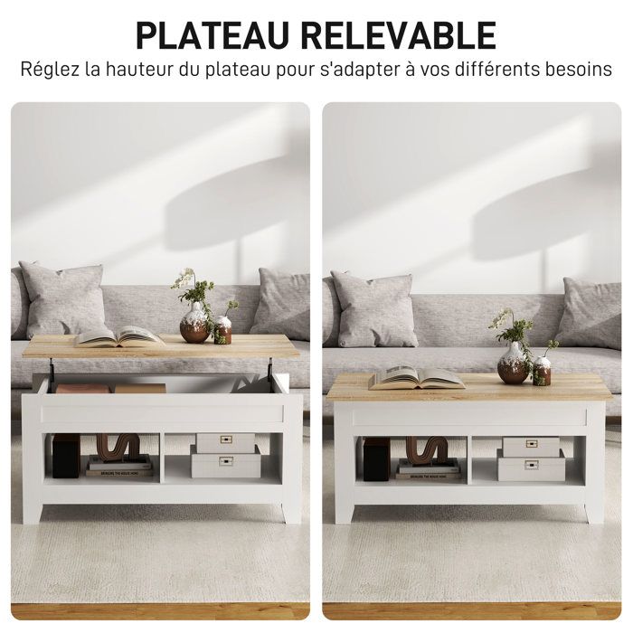 Table basse gotham avec plateau relevable et rangement - blanc et bois