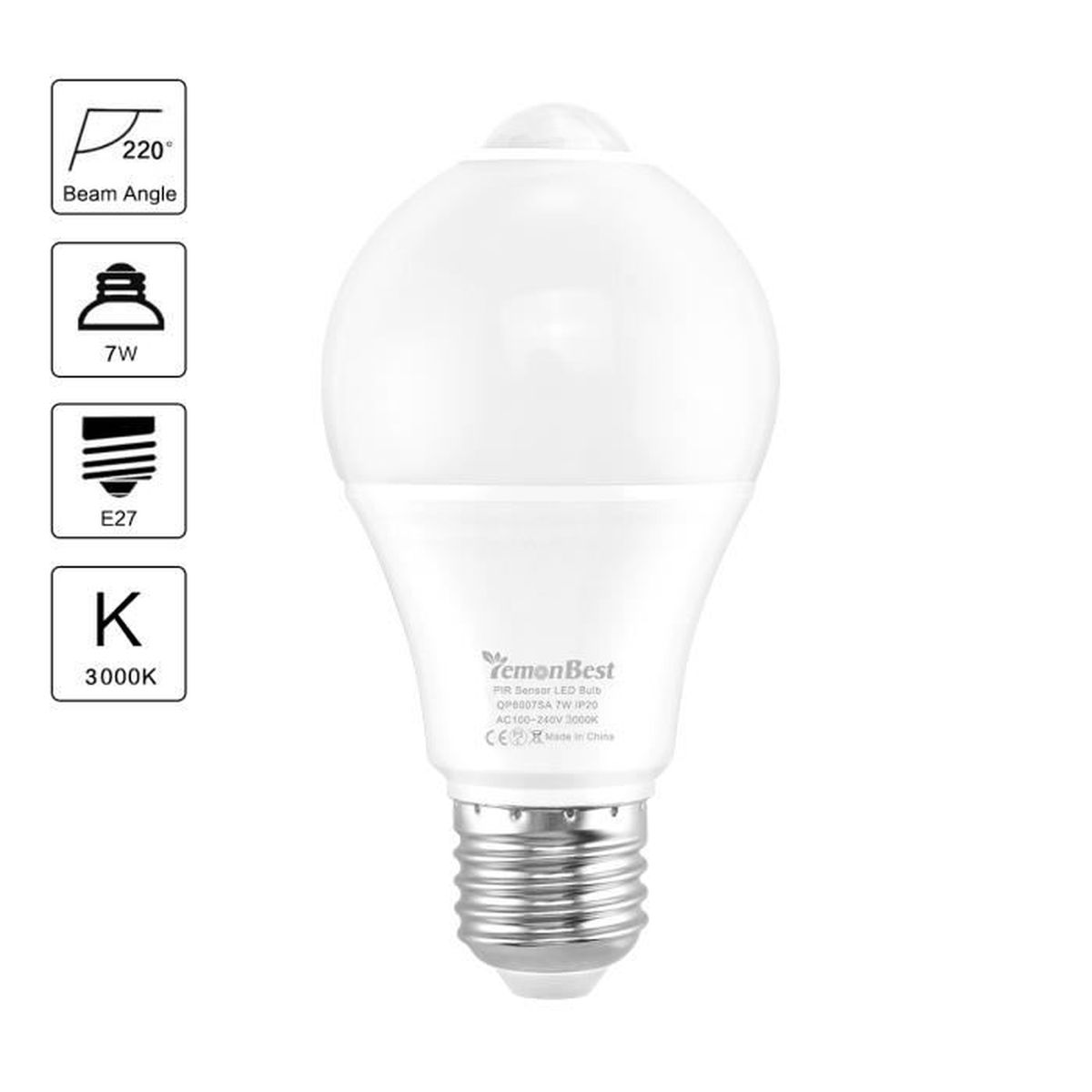 Ampoule Detecteur De Mouvement Ampoule Led 7W 6000K Économie D'Énergie