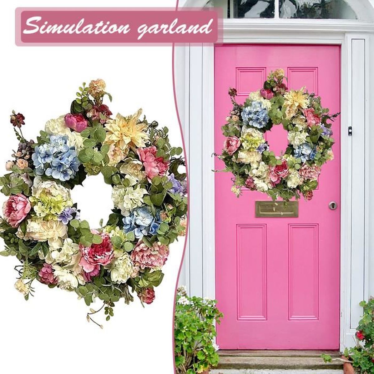 Couronne De Porte Fleurs Artificielles - Pivoines 40cm Décoration Murale