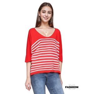 PULL Pull femme rayé - Pull col en V - Manches 3/4 - Couleur rouge