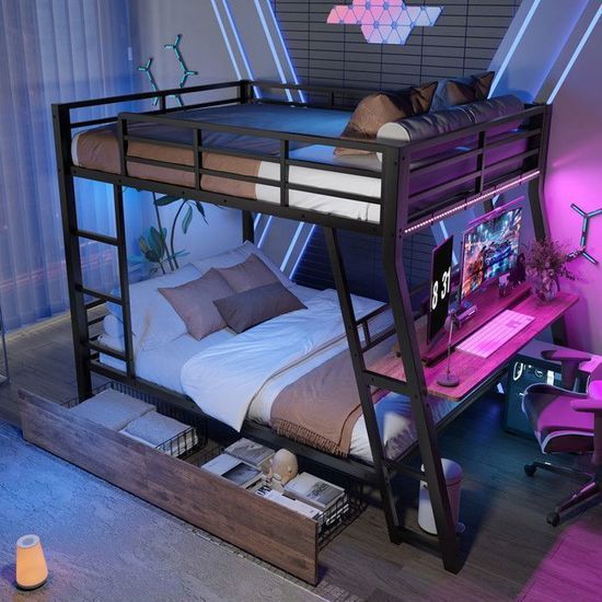 Lit Mezzanine 2 Places 140x200 Cm Avec LED - Structure Métal, Échelle Rangement, Grille Suspension - Pour Enfants Et Adolescents
