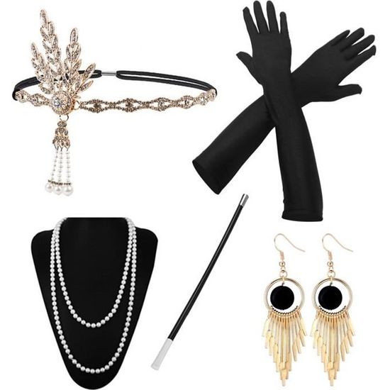 TOPBELIEF Lot de 7 accessoires pour femme sur le thème des années 1920, costume de Gatsby le Burlesque des années 1920 avec gants, bandeau, collier, boucles d'oreilles, bracelet, châle pour danse