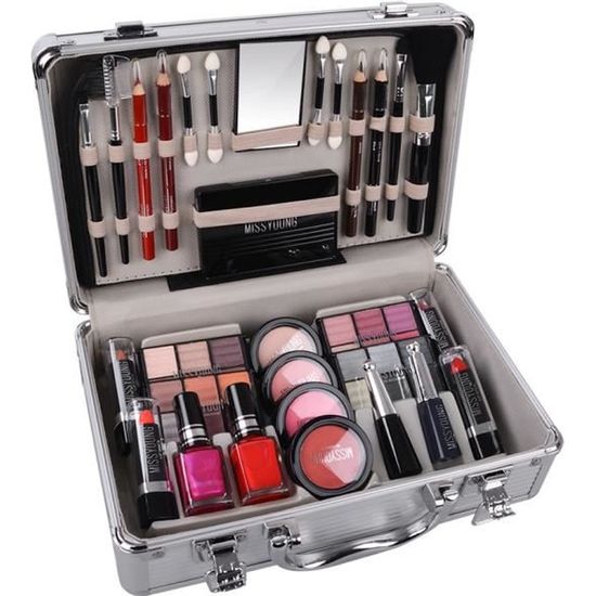 Ancien Coffret De Maquillage Vintage - Poudrier, Flacons, Miroir - Métal Beige - Décoration Rétro