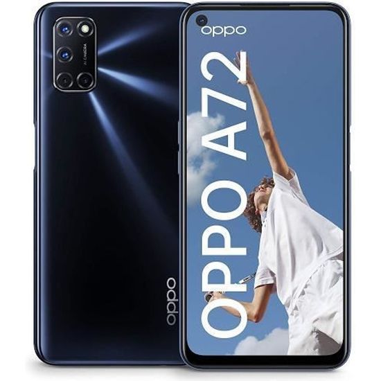 Téléphone portable OPPO A72 avec design noir crépuscule, connectivité 4G, double SIM, écran 6,5 pouces avec écran LCD TFT et