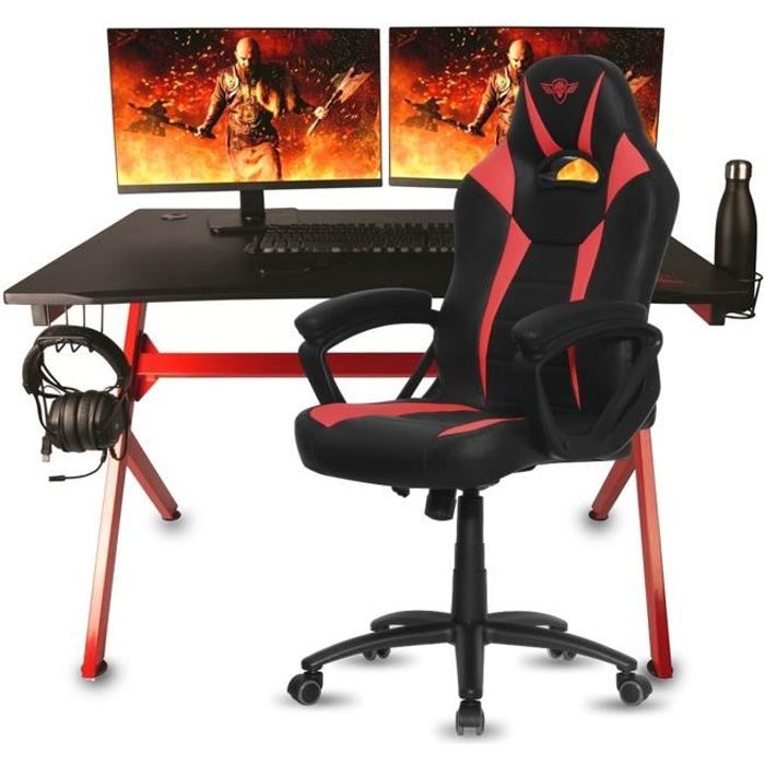 Pack bureau de gamer Drakkar FRIGG + Fauteuil Fighter - Noir et rouge - Acier et bois...