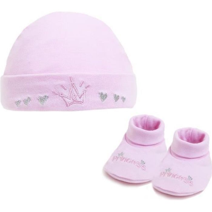 Ensemble de naissance bonnet et chaussons pour bébé fille layette rose princesse