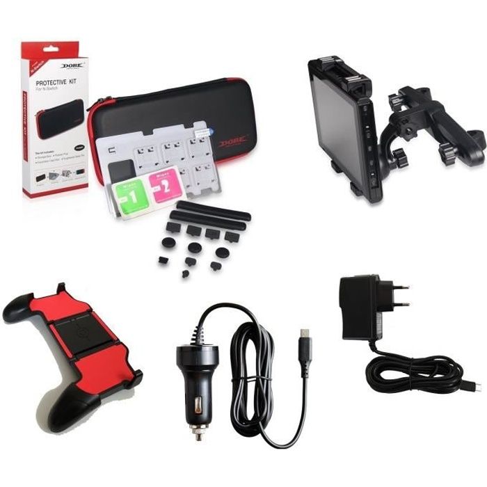 Pack d'accessoires mobilité compatible console Nintendo Switch (manette, chargeur, sacoche, support) Mario Kart, Joy-con, voiture..