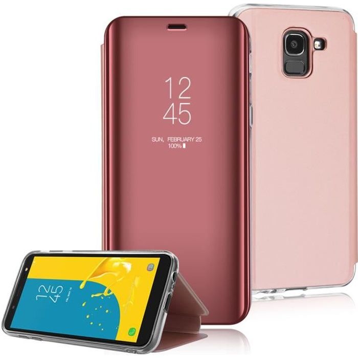 Coque Samsung Galaxy J6+ plus Clear rose Etui à Rabat Cover Flip Case Etui Housse Miroir Antichoc Coque pour Samsung Galaxy J6 +plus