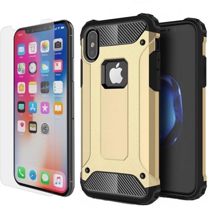 Coque Antichoc iPhone X Or + Verre trempé