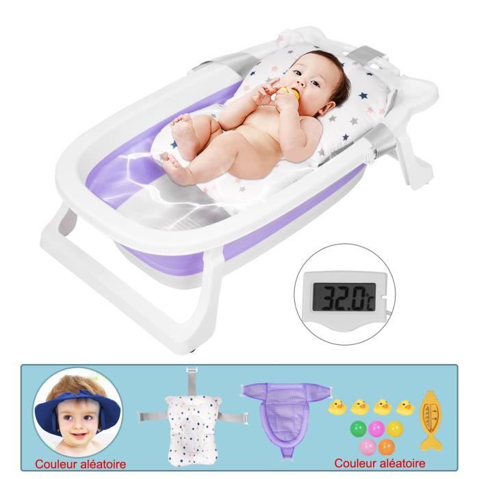 SINBIDE® Baignoire pliable bébé pliante évolutive + Coussin de bain, avec Thermomètre violet 73x44x24cm
