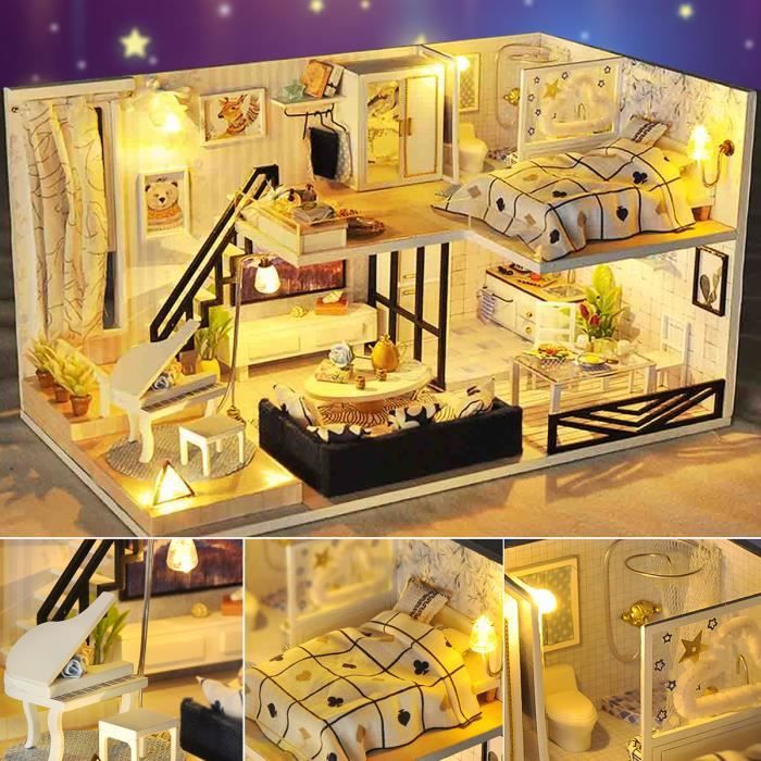 TEMPSA DIY Maison De Poupée Moderne - La Maison Moderne - Kit De Meubles De Maison De Poupée - Boîte à Lumière LED - Cadeau D'enfant