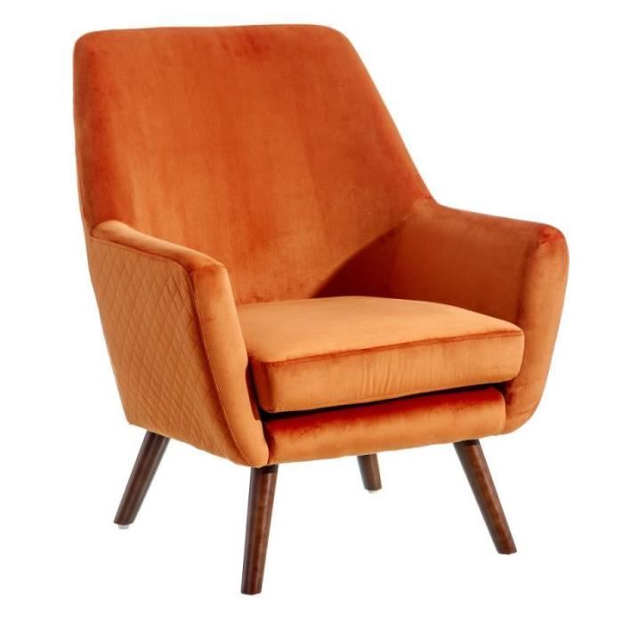 Fauteuil Orange Velours/Bois - ABHOE - L 73 x l 79 x H 87