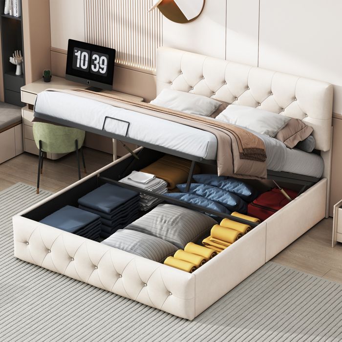 Lit Coffre 140x200 avec Sommier Lit Rembourré en velours Lit Double avec Tête de lit réglable en hauteur Lit Adulte Beige