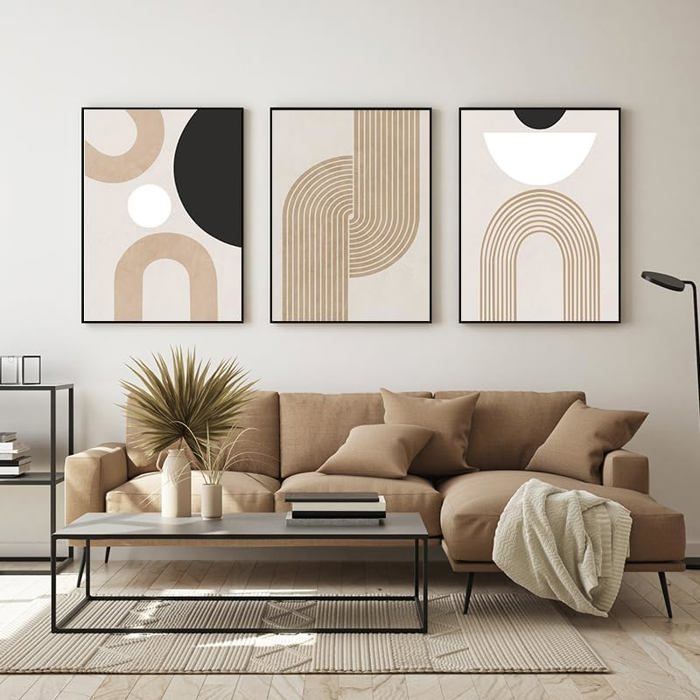 Tableau Abstrait Beige Et Marron Sur Toile 60x80cm – Design Géométrique Moderne Avec Cadre, Parfait Salon Ou Chambre !