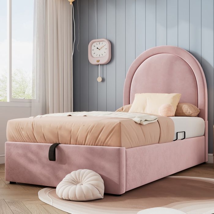 Lit rembourré Lit enfant 90 x 190 cm Lit coffre Lit simple avec dossier pour garçons et filles - rose