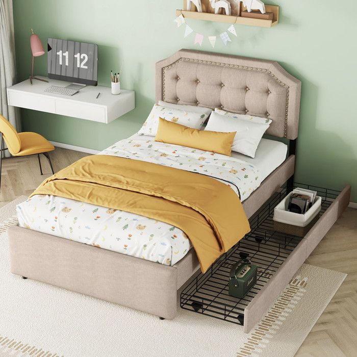 Lit simple 90x200 cm - Beige foncé - 2 tiroirs de rangement - Tête de lit rembourrée - Design élégant
