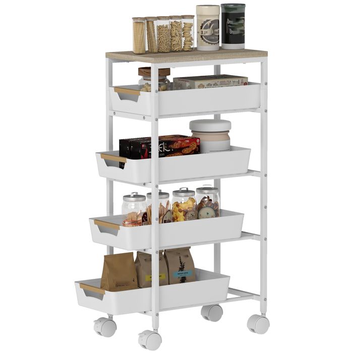 Desserte cuisine - HOMCOM - roulettes - 5 niveaux - 4 tiroirs coulissants et étagère de rangement - blanc