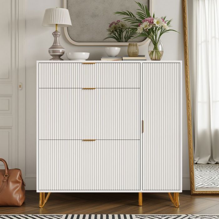 Meuble à Chaussures - 110 cm - Rangement Grande Capacité avec 2 Abattants 1 Porte et Niches - Design Moderne Blanc et Or