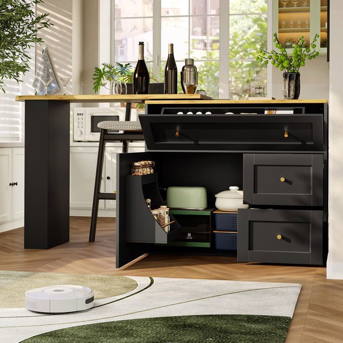 Table de bar extensible avec espace de rangement buffet avec étagère à collations îlot de cuisine 138-204×39×105 cm noir.
