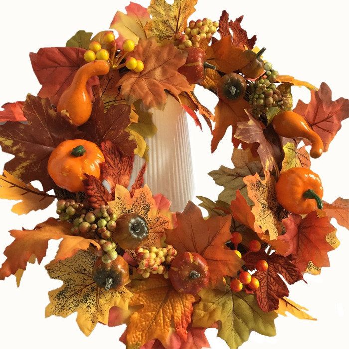 Couronne D'automne Artificielle 30 Cm - Décoration De Porte Avec Feuilles D'érable Et Citrouilles