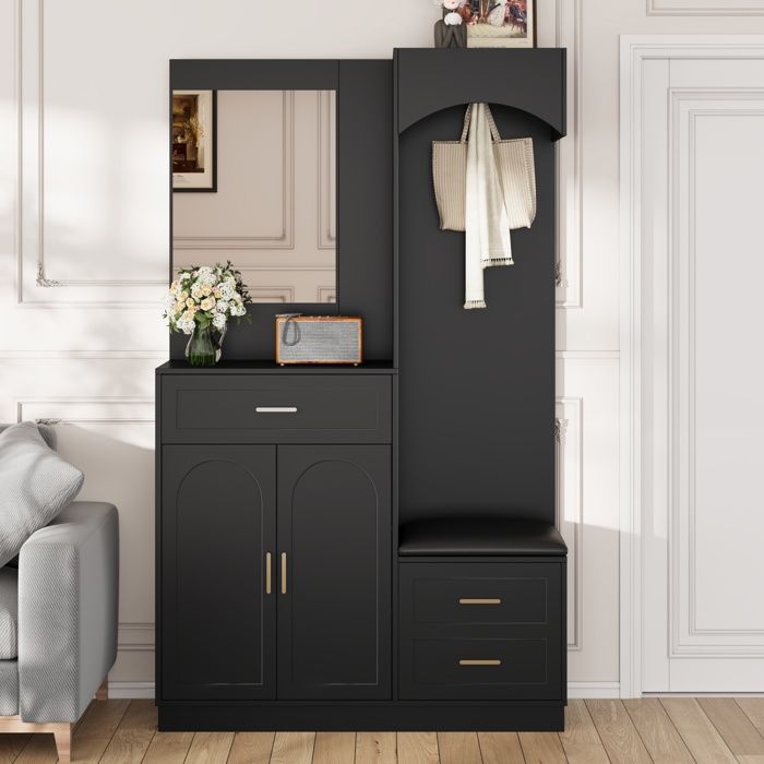 Ensemble vestiaire dentrée 110x33x185 5 cm - 3 portes et 1 tiroir - Meuble à chaussures et banc à chaussures - Avec miroir - Noir
