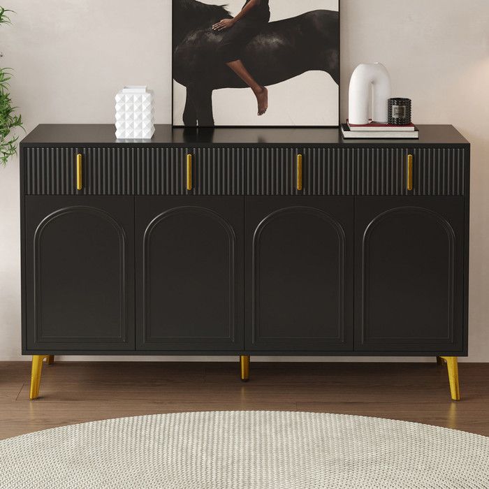 Buffet avec poignées et pieds dorés 4 portes 4 tiroirs avec stratifié amovible adapté au salon et salle à manger noir140*37 8*82 cm