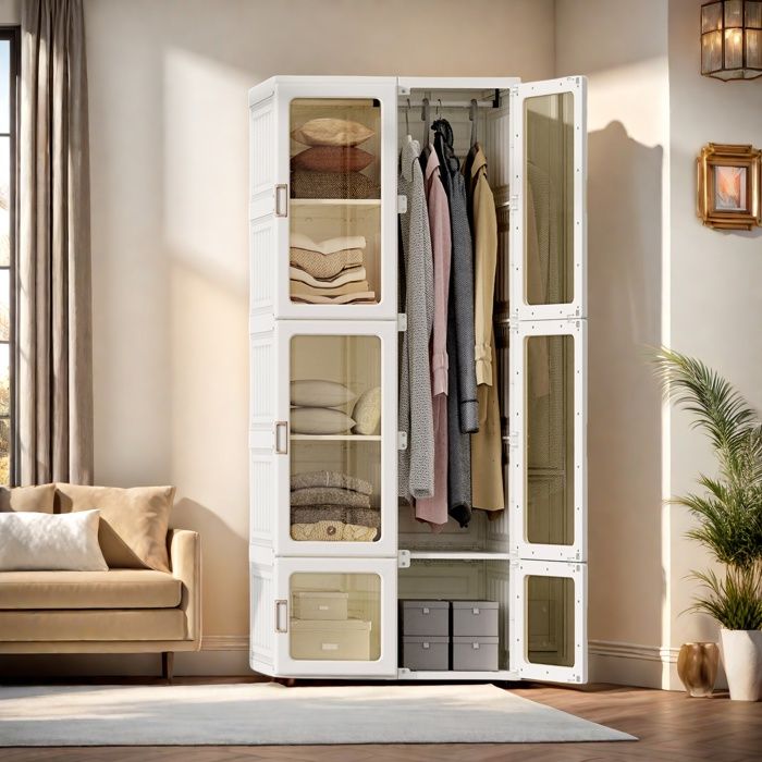 Armoire - 6 Étagères 10 Espaces de Rangement -Moderne Armoire de Chambre -Porte magnétique transparente - pour Chambre à Coucher